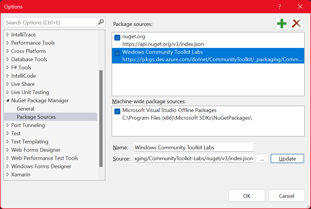 NuGet Feed Options Dialog