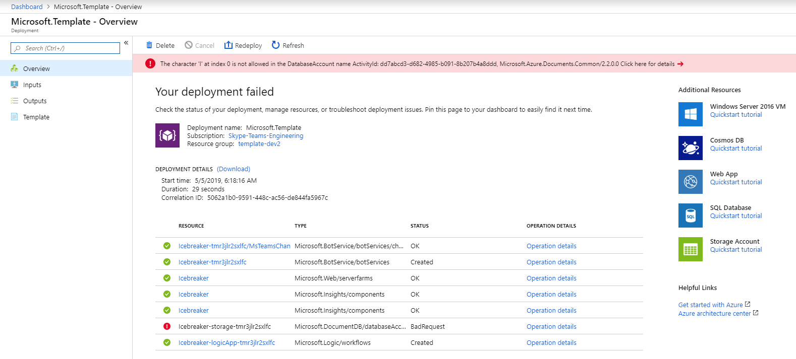 Error for capital letter in Cosmos DB creation