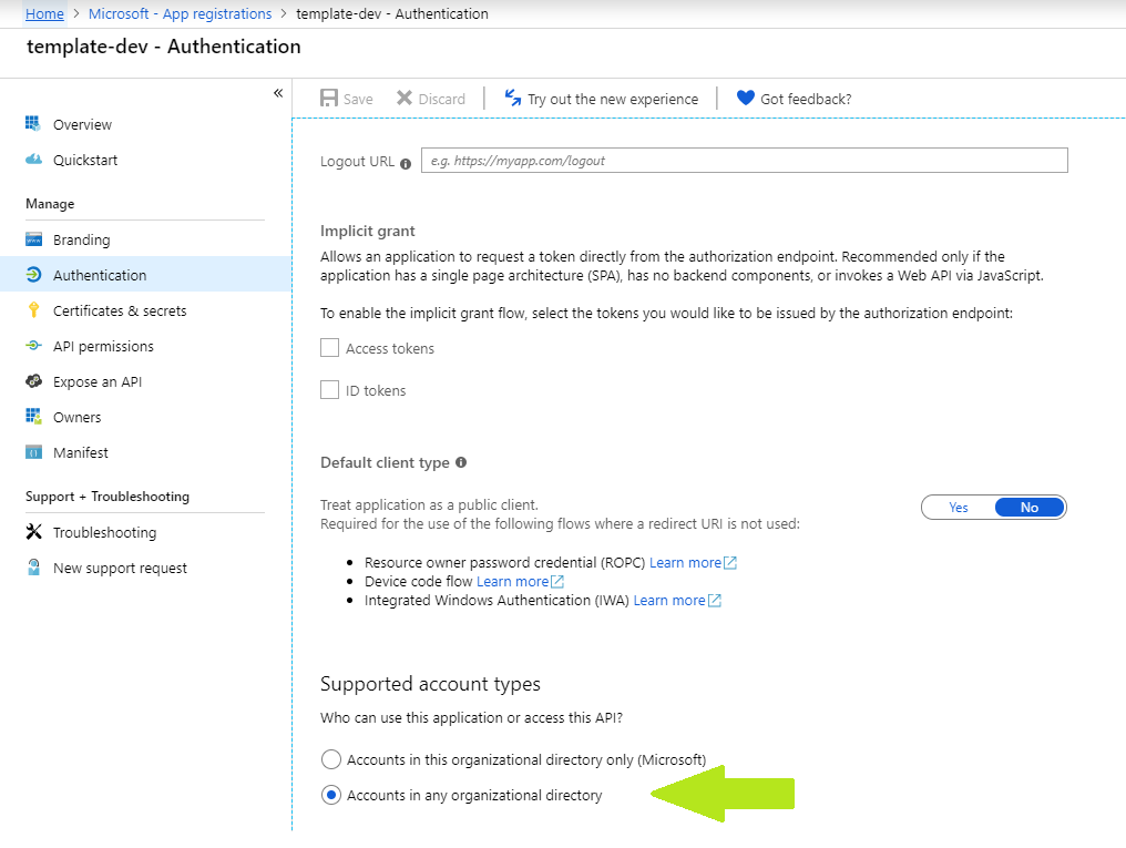 Fix for setting Microsoft Azure AD application to multi-tenant