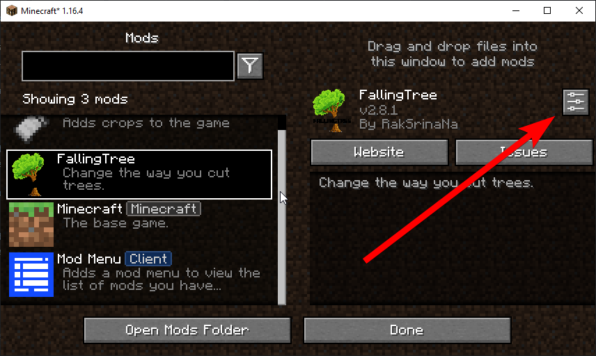 Config button in the mod list