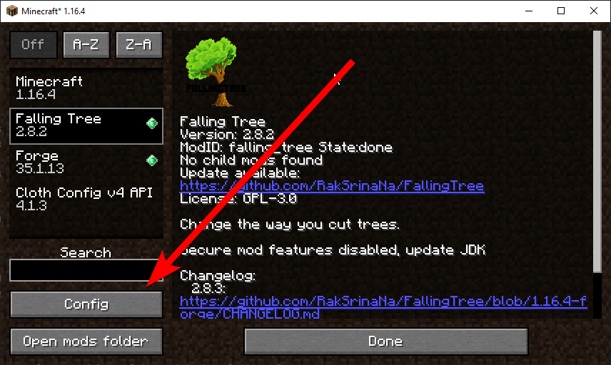 Config button in the mod list