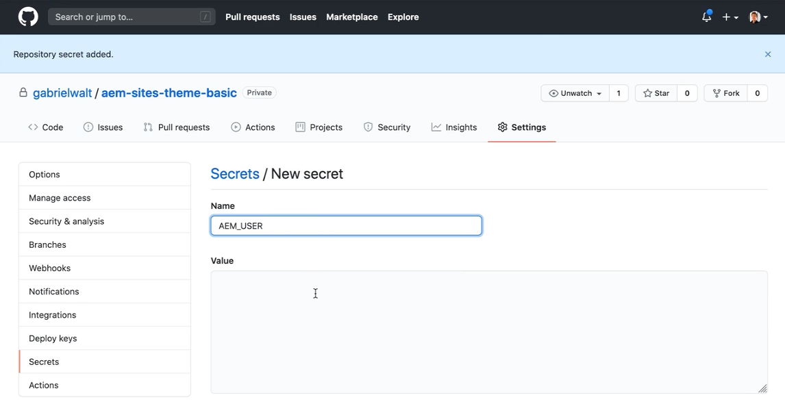 Add secrets to GitHub repository