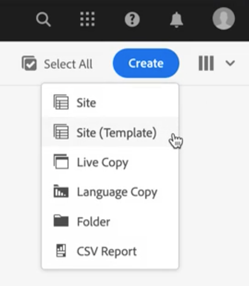 Creating a site from the template option in the console