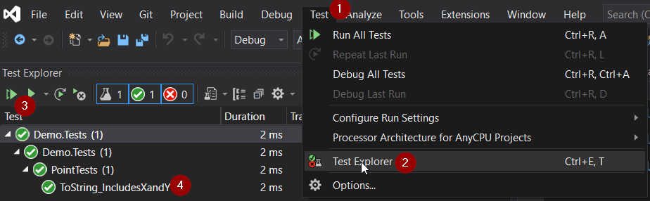 Tests Explorer window with the first test passed