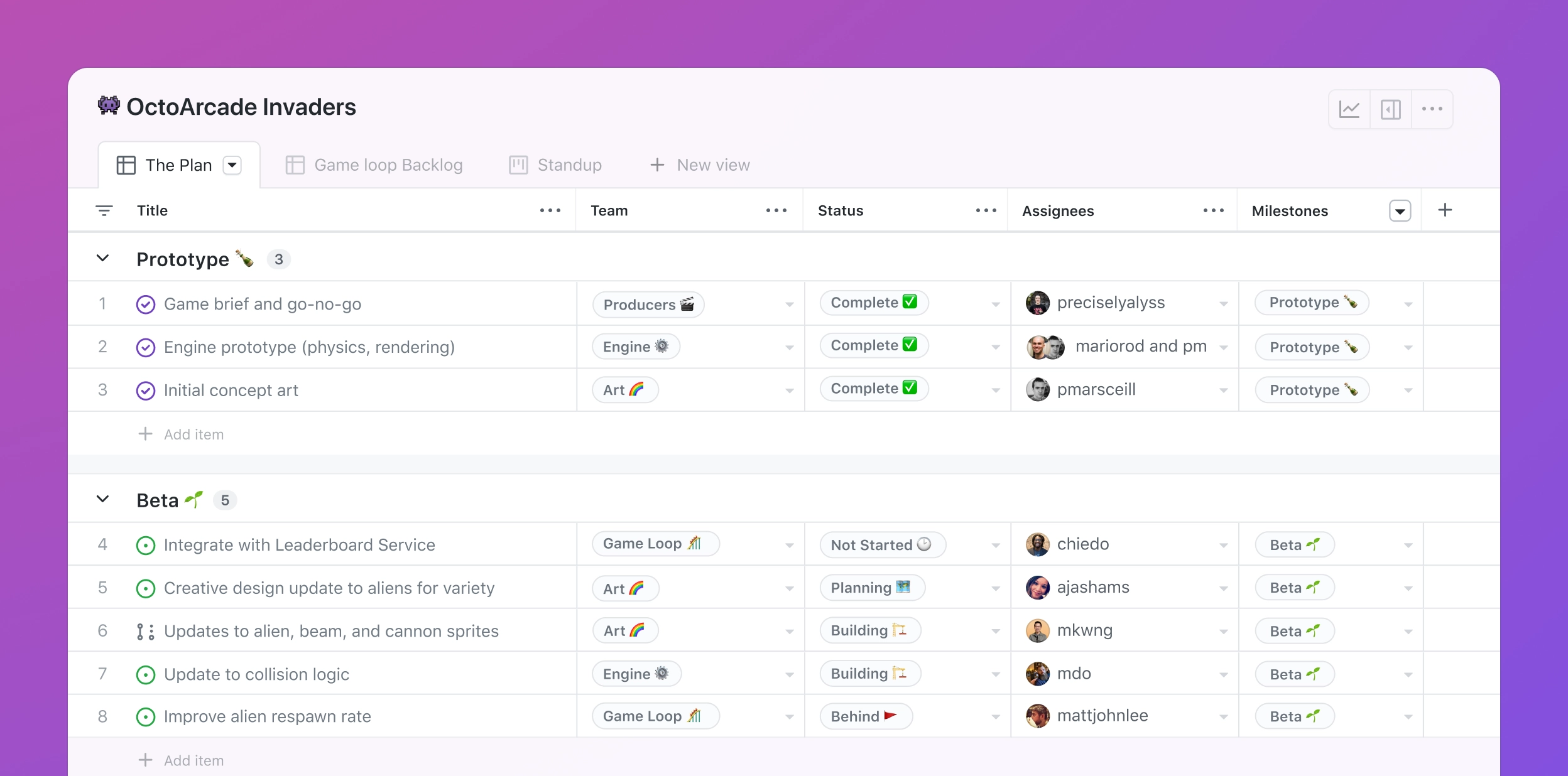 Illustration of project table view with cards grouped sorted by devleopment 'Area' custom field.