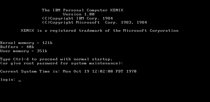 IBM PC XENIX 1.0 login screen