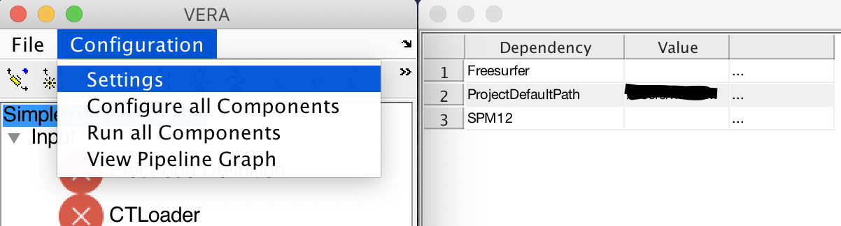 The settings GUI shows all Dependencies which need to be resolved by entering paths