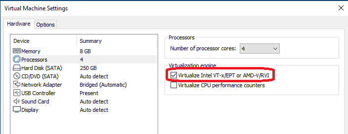 VMware settings to install Docker