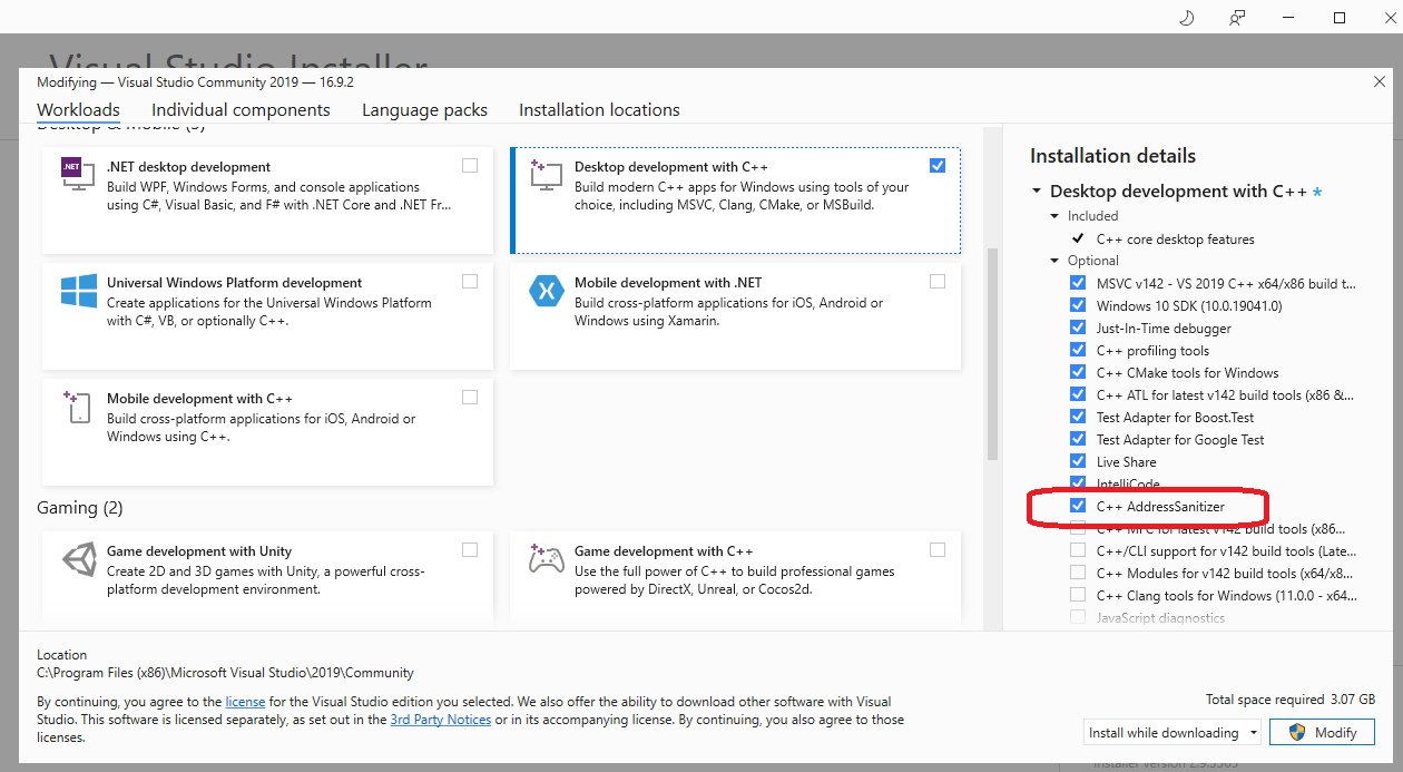 Add AddressSanitizer to existing Visual Studio installation