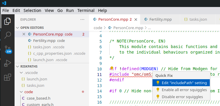 VSCode quick fix: Edit includePath settings