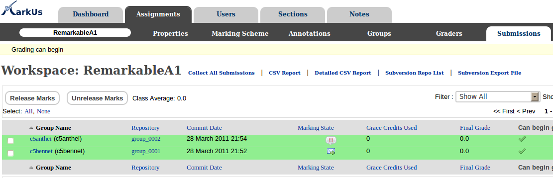 Submissions Table with Remark Request